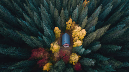 Stunning aerial shot of a cozy cabin surrounded by an array of colorful autumn foliage and lush green pine trees, epitomizing the beauty of nature and serene escape.の素材