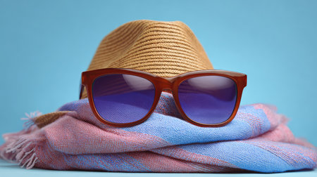 A vibrant composition featuring stylish summer accessories including sunglasses, a straw hat, and a colorful scarf, perfect for travel and vacation themes.の素材