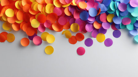 A lively scene featuring vibrant circular paper confetti scattered across a light grey background, ideal for creating a festive atmosphere in various events and celebrations.の素材