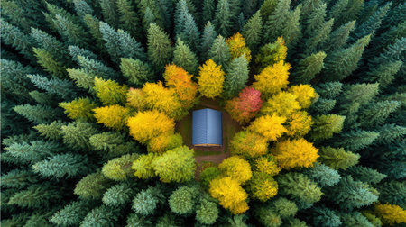 Captivating aerial view of a cozy cabin nestled among stunning autumn foliage and lush evergreen trees, creating a peaceful and vibrant natural landscape perfect for relaxation.の素材