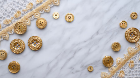 This image features an elegant arrangement of vintage golden buttons and decorative lace against a smooth marble background, ideal for crafting and design projects.の素材