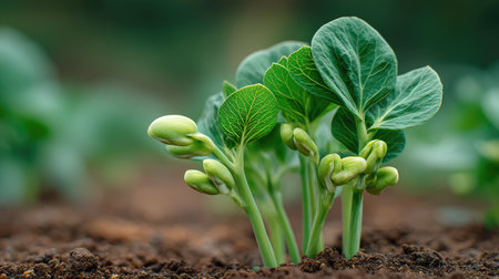 A captivating view of healthy green seedlings pushing through dark soil, symbolizing the vitality and beauty of nature's growth process, perfect for environmental themes.の素材