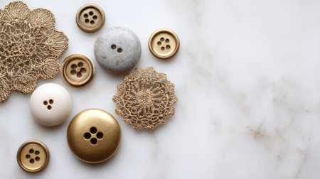 A stunning arrangement featuring vintage sewing buttons and lace on a smooth marble surface, perfect for inspiring creativity in crafting and art projects.の素材