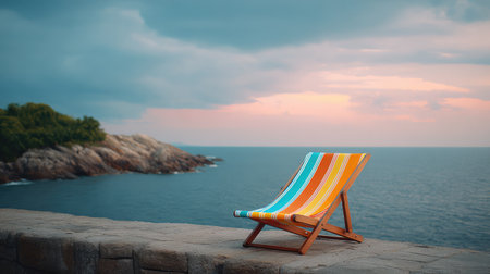 A vibrant lounge chair sits on a coastal stone wall, overlooking the tranquil ocean during sunset. A perfect spot for relaxation and appreciation of nature's beauty.の素材