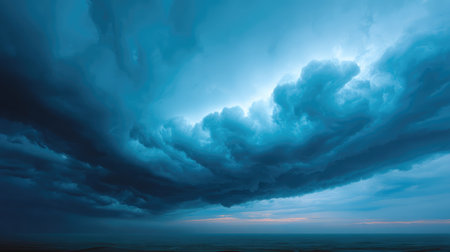 Captivating panoramic view of a dramatic sky filled with dark clouds and soft light during dusk, creating a serene and atmospheric landscape that evokes a sense of tranquility.の素材