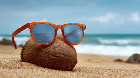 A pair of stylish orange sunglasses rests on a coconut shell amidst soft sand on a stunning tropical beach, with gentle ocean waves rolling in under a serene cloudy sky.の素材