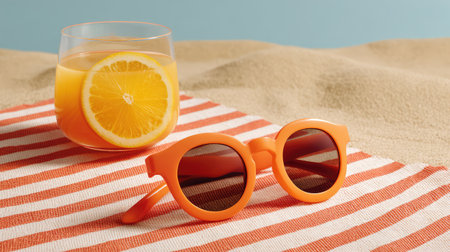 Enjoy a vibrant summer scene featuring bright orange sunglasses resting on a striped beach towel, accompanied by a refreshing citrus drink for the perfect beach vibe.の素材