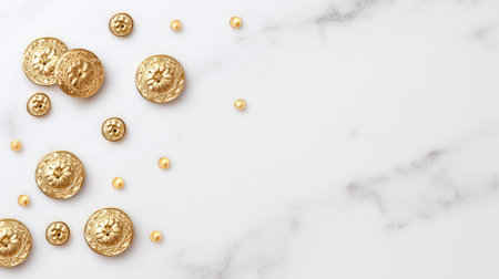Discover an exquisite arrangement of golden coins and beads on a smooth white marble surface, ideal for projects focused on luxury, elegance, and decorative beauty.の素材