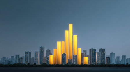 A captivating urban skyline at twilight, featuring illuminated yellow bars that resemble graph structures, symbolizing growth and innovation amidst a darkening sky.の素材