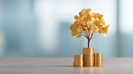 A striking visualization of financial growth, featuring a gold tree rising from stacked coins, showcasing themes of prosperity, investment success, and abundant wealth.の素材