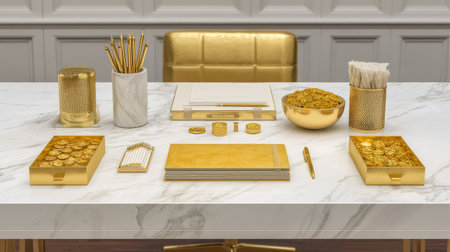 A lavish office workspace set on a marble desk, showcasing golden accessories and elegant stationery to inspire productivity and creativity in a sophisticated environment.の素材
