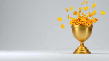 A striking image of a golden chalice filled with vibrant gold coins, representing financial success and abundance, perfect for themes of prosperity and wealth.の素材