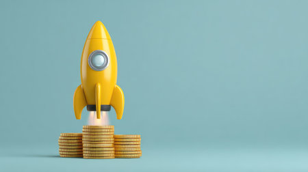 A vibrant yellow rocket takes off from a pyramid of stacked gold coins, symbolizing investment and financial growth in a minimalist style, ideal for business themes.の素材