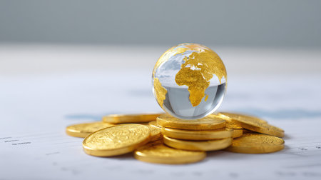 A crystal globe rests atop golden coins, representing wealth and trade. This image conveys themes of finance, investment, and global economic opportunities.の素材