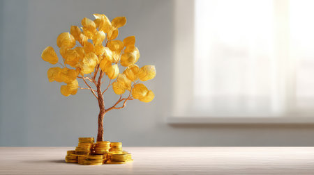 A striking golden tree adorned with shimmering leaves rests on a pile of gleaming coins, embodying the essence of wealth, growth, and optimism in a bright indoor setting.の素材