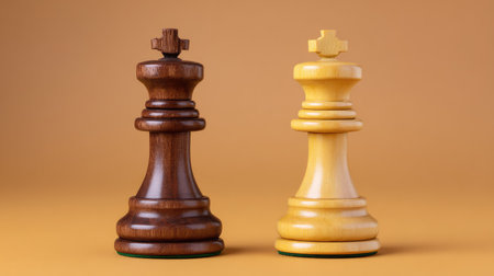 Two elegant king chess pieces, one in dark wood and the other in light wood, set against a soft orange background, symbolizing strategy, competition, and the art of chess.の素材