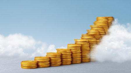 This image depicts a dynamic stack of golden coins rising above clouds, representing financial growth and the journey to prosperity and success in investment opportunities.の素材