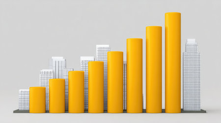 A striking growth chart featuring yellow cylindrical bars against a modern city skyline, visualizing business performance and trends in economic development effectively.の素材
