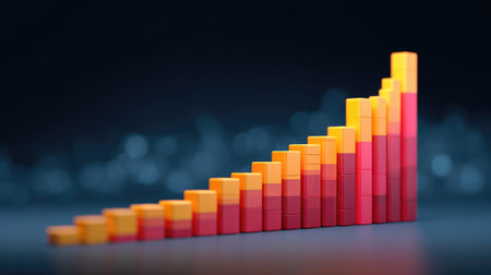Vibrant bar graph illustrating data trend growth, with varying heights and colors, set against a blurred background, perfect for business and finance presentations.の素材
