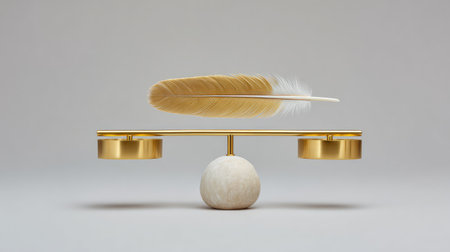 This image showcases a delicate feather balanced elegantly on a sleek scale, symbolizing harmony and the contrast between lightness and weight in a minimalist setting.の素材