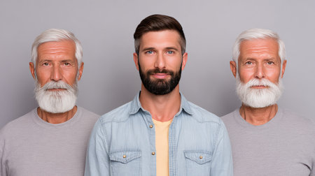 This image portrays three men of varying ages, from youthful to elderly, illustrating the striking characteristics of each stage of life against a neutral background.の素材