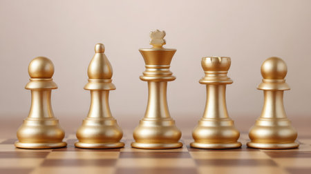 A collection of elegant golden chess pieces stands on a wooden chessboard, showcasing pawn, bishop, king, rook, and queen in a stylish presentation ideal for game-themed projects.の素材
