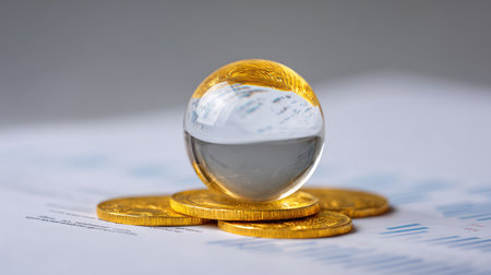 A crystal ball rests on golden coins, symbolizing investment opportunities and insightful predictions. The background features financial charts, representing market trends and economic growth.の素材