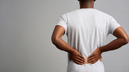 A young adult stands against a neutral gray background, illustrating lower back pain in a casual setting. This image captures a moment of discomfort, emphasizing the importance of health awareness.の素材