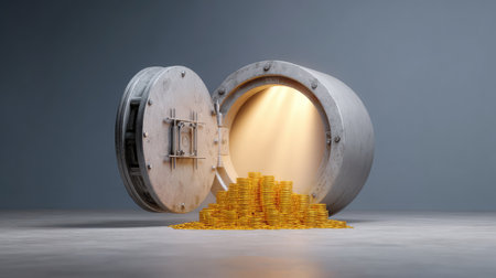An open vault door reveals an abundance of shining gold coins, symbolizing financial security, wealth, and investment opportunities in a sleek, modern setting.の素材