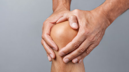 Close-up image of hands gently supporting a knee joint, emphasizing the importance of care and attention in maintaining physical health and well-being.の素材