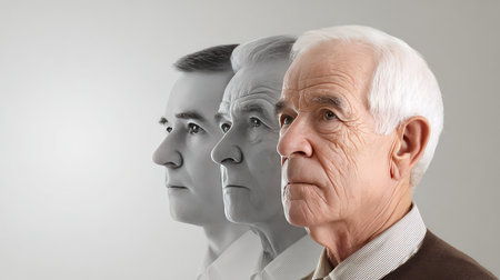 This image depicts three male figures, illustrating the stages of life from youth to seniority, capturing deep emotions and the process of aging in a thoughtful manner.の素材