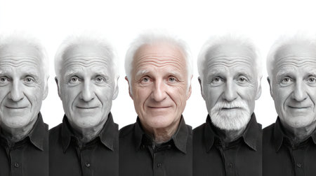 A captivating visual representation of the progression of aging, featuring a senior man's face demonstrating various expressions, highlighting the beauty of maturity and experience.の素材