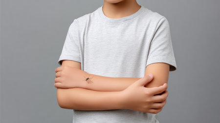 A young boy stands with crossed arms, featuring a mosquito on his arm, highlighting the importance of awareness and protection against insect bites during outdoor activities.の素材
