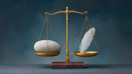 This artistic portrayal showcases a scale balancing a smooth stone and a feather, evoking themes of justice and choice with a serene and minimalistic aesthetic.の素材