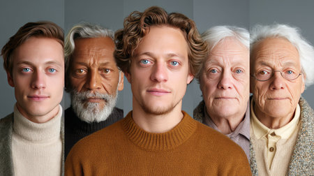 This portrait showcases diverse adults of various ages and backgrounds, each displaying unique expressions and characteristics in a harmonious studio setting.の素材