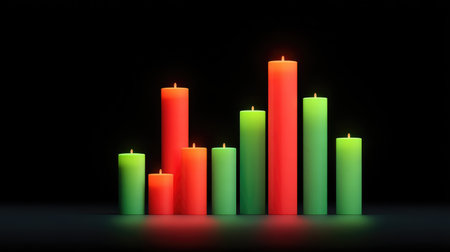 A captivating arrangement of vibrant red and green candles set against a dark background, creating a warm and inviting atmosphere, ideal for celebrations and home decor.の素材