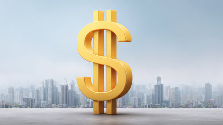 A prominent golden dollar sign stands in front of a sprawling city skyline, representing wealth and financial success in a vibrant urban environment.の素材