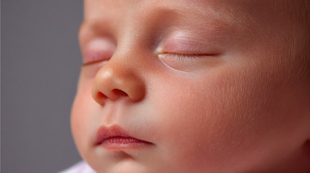 This close-up portrait of a sleeping baby highlights the soft skin and delicate features, capturing the essence of innocence and tranquility in a peaceful moment.の素材