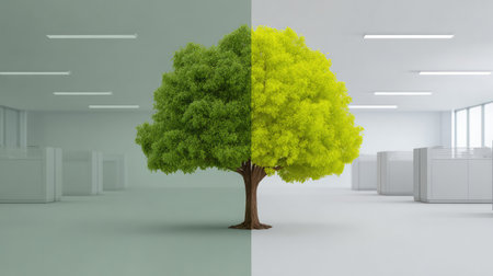 This image depicts a vibrant green tree split between a modern office space, illustrating the contrast of nature and professional environments promoting wellness and productivity.の素材