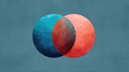 This abstract image features two overlapping circles in vibrant colors, symbolizing collaboration and interconnectedness in a minimalist artistic design for visual contexts.の素材