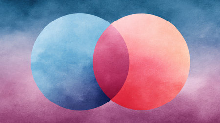 A vibrant abstract illustration of blue and pink circles intersecting, creating a harmonious blend of colors over a textured background, ideal for modern design projects.の素材
