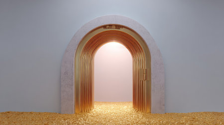 This captivating image depicts a beautifully designed golden entrance, leading into a bright and inviting space, surrounded by a stunning display of shimmering coins, evoking feelings of wealth and mystery.の素材
