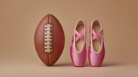 This image showcases a rugby ball alongside pink ballerina shoes, symbolizing the unique intersection of sports and dance, emphasizing creativity and movement in a harmonious setting.の素材