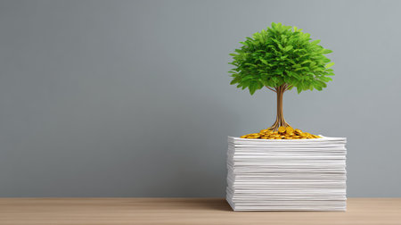 Innovative image displaying a tree growing from a stack of paper, symbolizing growth and the relationship between nature and finance in a modern workspace setting.の素材