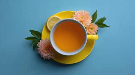 A cheerful cup of tea with a slice of lemon surrounded by pink flowers on a bright yellow plate, set against a bright blue background, perfect for spring or summer moods.の素材