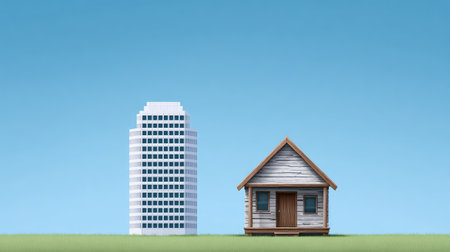 A striking image showcasing the juxtaposition of a sleek skyscraper and a charming wooden house, illustrating the contrast between modern city lifestyle and traditional living.の素材