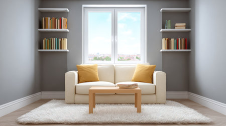 A stylish and inviting living room featuring a cozy couch, warm cushions, and a wooden coffee table, all complemented by natural light streaming through the window and minimalist decor.の素材