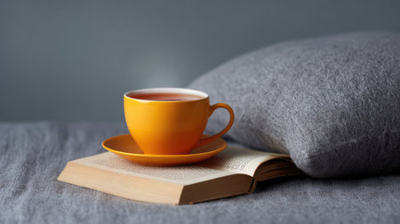 A serene setup featuring a bright orange cup of tea resting on an open book, accompanied by a soft gray pillow; an ideal scene for relaxation and peaceful moments.の素材