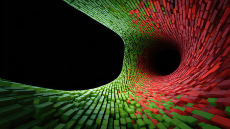 A visually striking abstract artwork showcasing colorful cubes in red and green spiraling towards a dark void, representing dynamic movement and modern design.の素材