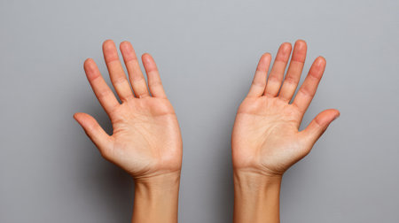 A close-up view of two open hands with palms facing upward, set against a smooth gray backdrop, showcasing gentle simplicity and the potential for various expressive gestures.の素材